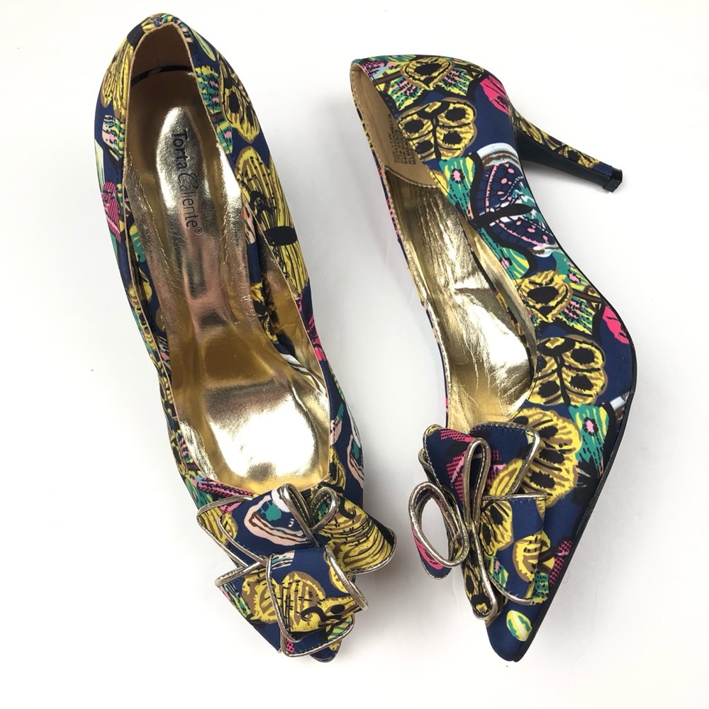 Floral Bow Pointed Toe Heels in Navy Multi